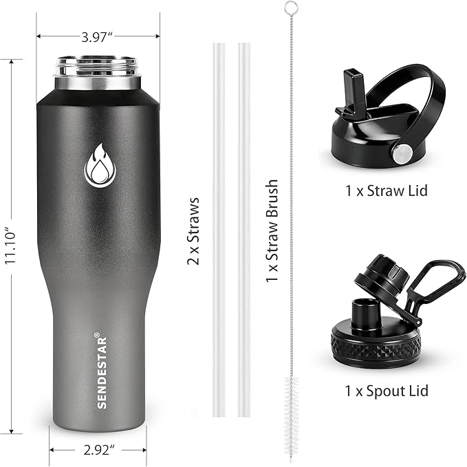 SENDESTAR 40oz Stainless Steel Water Bottle(Cold for 48 Hrs, Hot for 24 Hrs),Double Wall Vacuum Insulated Bottle with Straw Lid, Spout Lid and Flex Cap, Fit in Any Car Cup Holder，Grey-B