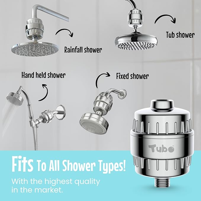 Tubo 20-Stage Shower Filter - Removes up to 99% of Chlorine, Heavy Metals & other Contaminants - Improves Skin and Hair - Tool-free installation - 12,000 Gallon Capacity
