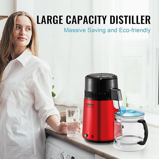 VEVOR Water Distiller, 4L 1.05 Gallon Pure Purifier Filter for Home Countertop, 750W Distilled Maker, Stainless Steel Interior Machine to Make Clean Water, Red