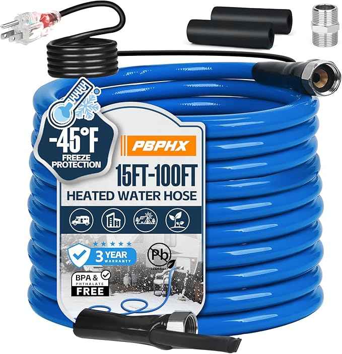 15FT Heated Water Hose for RV,Heated Drinking Water Hose with Thermostat,Lead and BPA Free,1/2"Inner Diameter,Temperatures Down to -40°F Self-Regulating,Blue Appearance