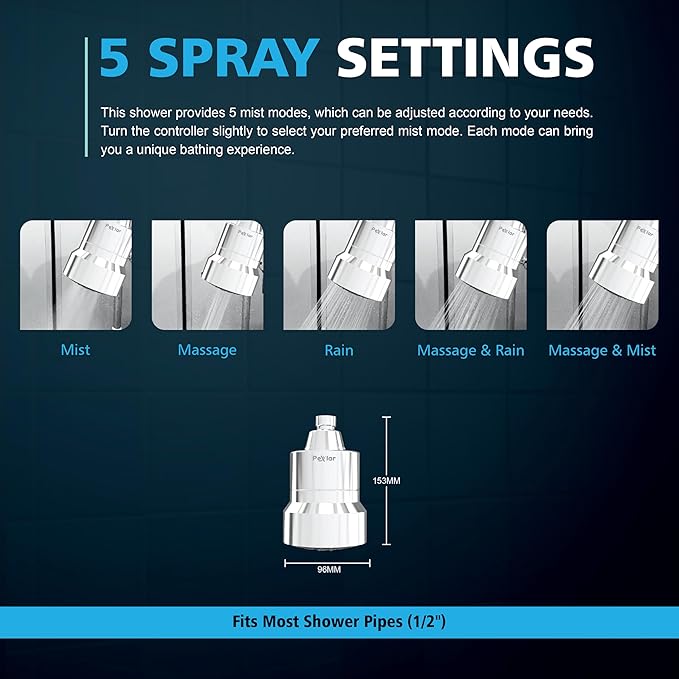 Multi Stage Shower Head Filter for Hard Water, Shower Water Filter for Removing Chlorine and Fluoride, Hard Water Shower Filter Improves on Skin, Hair and Nails, Polished Chrome - 5 Spray - AquaVibe