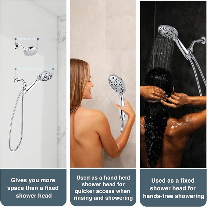 BRIGHT SHOWERS 9 Spray Settings Shower Head with Handheld High Pressure Chrome Hand Held Showerhead with 60 Inch Stainless Steel Hose and Adjustable Overhead Bracket - AquaVibe