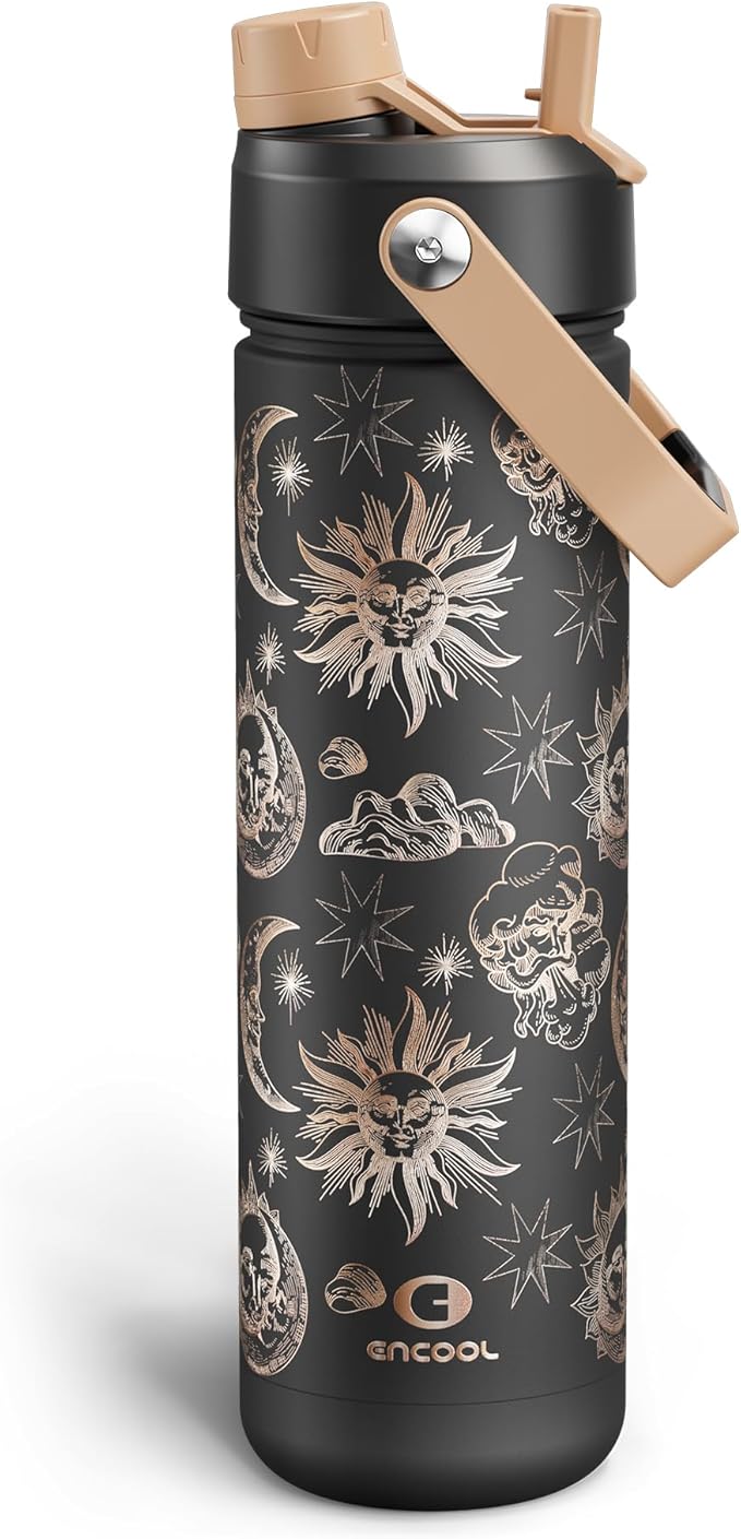 ENCOOL Insulated Water Bottle with Straw Stainless Steel Water Bottle, Leak-Proof, BPA-Free, Double Wall Vacuum Keeps Cold for 24 Hours for Sports, Travel, School (26 oz, Solar Veil)