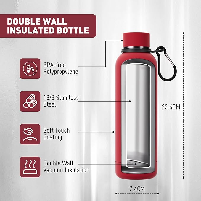 Exllena Slim Insulated Water Bottles for Travel 18oz with Clip, Double Wall Vacuum Stainless Steel Water Bottle Keeps Drinks Cold 24 Hrs/Hot 12 Hrs, 100% Leakproof, BPA Free（Red）