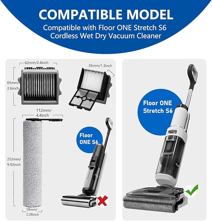 Roller Brush and Filter Replacement Compatible with Tineco Floor One Stretch S6,Floor One Switch S6 Cordless Vacuum Cleaner, Replacement Parts Include 3 Brush Rollers, 3 Filters - AquaVibe