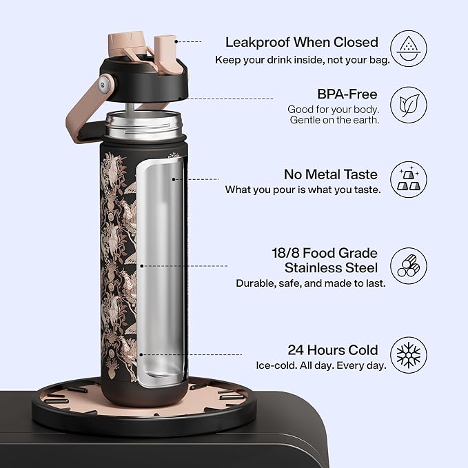 ENCOOL Insulated Water Bottle with Straw Stainless Steel Water Bottle, Leak-Proof, BPA-Free, Double Wall Vacuum Keeps Cold for 24 Hours for Sports, Travel, School (26 oz, Golden Aviary)