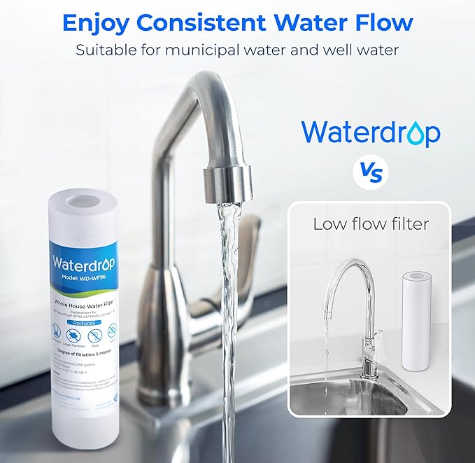 Waterdrop 5 Micron 10" x 2.5" Whole House Water Filter Replacement Cartridge, Sediment Water Filter Replacement for Any 10 inch RO Unit, Aqua-Pure® AP110, Culligan® P5, WHKF-GD05, 4 Pack