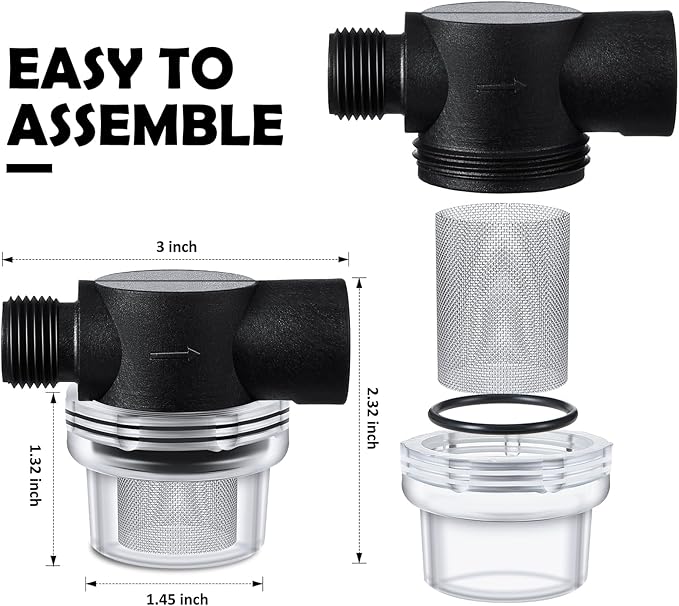 Honoson 3 Pcs Water Pump Strainer Filter Set Include Twist on Pipe Filter and Extra 50 Mesh Stainless Steel Screen, Rv Replacement 1/2 Inch Twist-on Pipe Strainer Compatible with WFCO or Shurflo Pump
