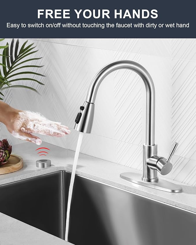 Touchless Kitchen Faucet Stainless Steel: WOWOW Mobile Motion Sensor Kitchen Sink Faucet with Sprayer, Automatic Smart Kitchen Faucet for Sink 1 or 3 Hole, Brushed Nickel