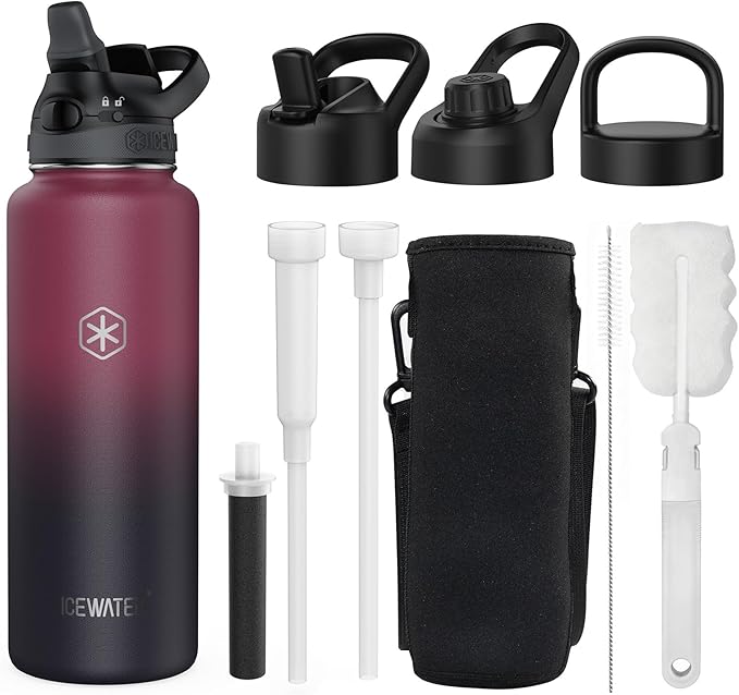 ICEWATER 40 oz Versatile Water Bottle with 4 Lids (Filtered Straw Option Reduces Chlorine Taste & Odor Great for Travel), Triple Wall Vacuum Stainless Steel Insulated Cold for 48H Leak-Proof BPA-Free