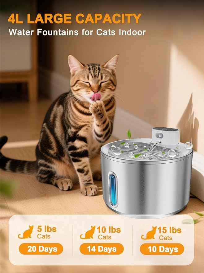 Cat Water Fountain Stainless Steel, 4L/135fl oz for Cats Dogs - Wireless Pet Water Dispenser Battery Operated with 5000mAh, Motion Sensor Activated, Ultra Quiet Pump, 6 Filters, Easy Clean Design