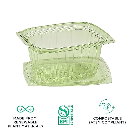 ECO PRODUCTS Compostable 16oz Rectangular Deli Containers With Lids, Case of 300, Veridian Clear Green Meal Prep, Made from PLA, A Renewable Material Made from Plants, One Lid Fits All