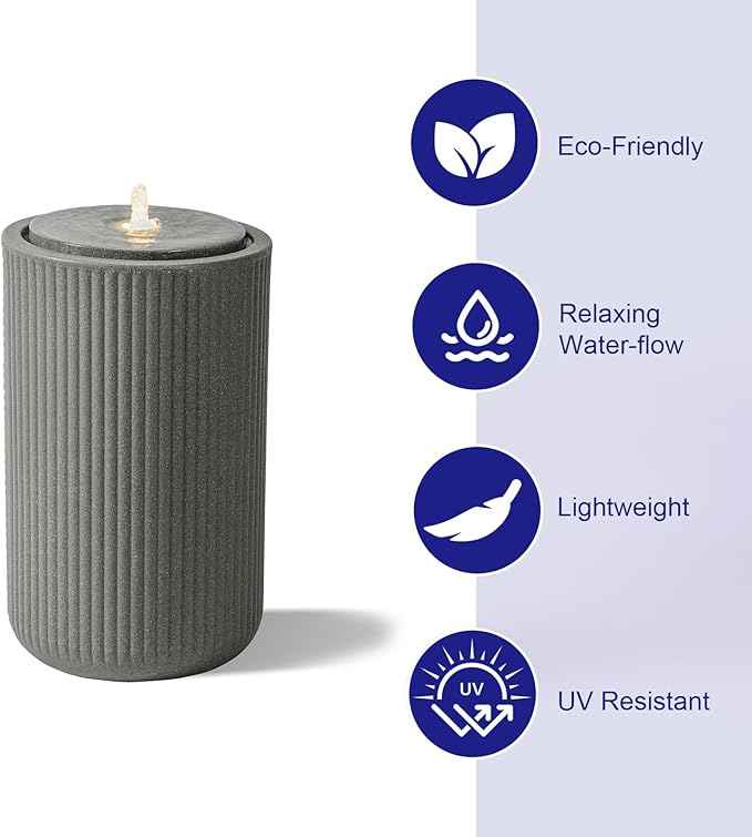 23.22” H Outdoor Water Fountain Made with Eco-Friendly Recyclable Materials, Polyethylene Round Bubbler Water Fountain Outdoor, Garden Decor with LED Light for Patio, Porch, Backyard