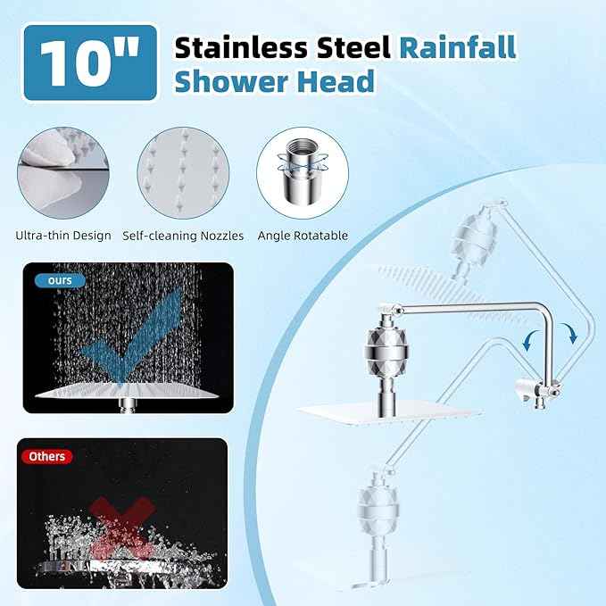 Filtered Shower Head, 10" High Pressure 10-Spray Handheld/Rainfall Shower Head Combo with 20 Stage Shower Filter, 11" Shower Extension Arm, 71" Hose, Shower Head Holder, Chrome