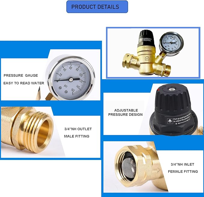 RV Water Pressure Regulator Valve with Handle Adjustable, Silicone Oil Gauge, Double Filters,Made of Leadless Brass,0-160 PSI Gauge,3/4" Connector for Camper Travel Trailer Water Pressure Control