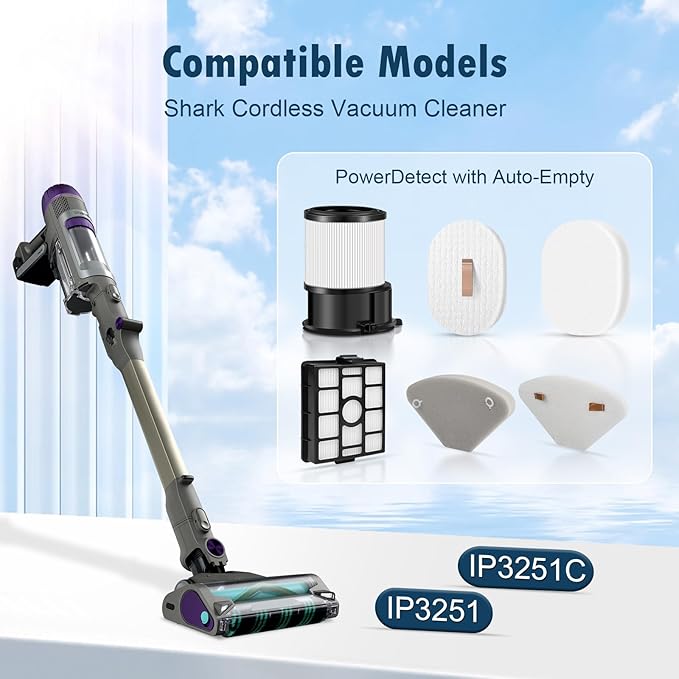 10 Pack HEPA Filters for Shark PowerDetect with Auto-Empty Cordless Vacuum IP3251 IP3251C, 1 Post-Motor Filter, 2 Pre-motor Foam and Felt Filters, 1 Dock HEPA Filter, 2 Dock Foam and Felt Filter - AquaVibe