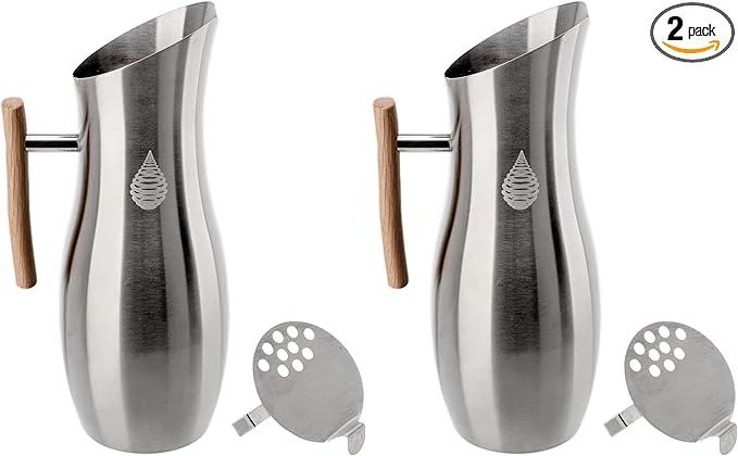 Invigorated Living Stainless Steel Water Pitcher with Lid, Ice Guard, Wooden Handle, Ideal for Cold and Fruit Infused Water (1.9L, No Filter) (Pack of 2)
