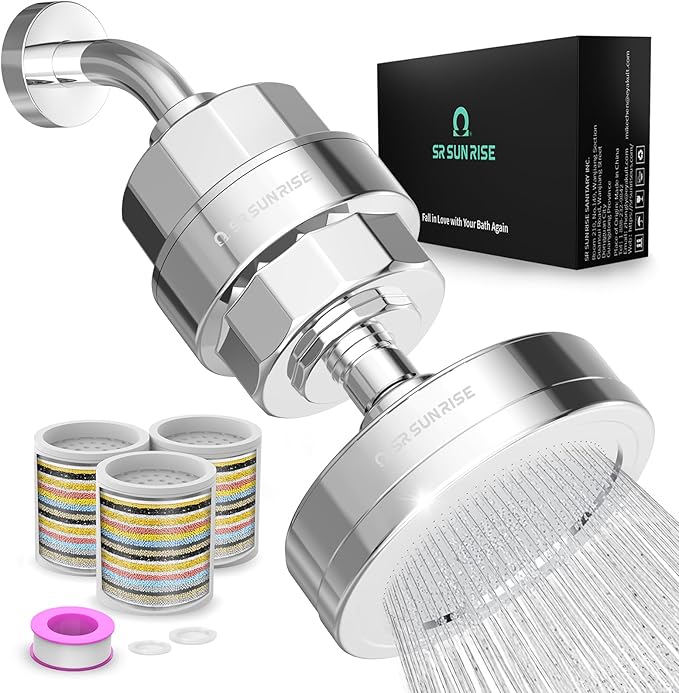 SR SUN RISE Filtered Shower Head with 3 Replaceable Filter Cartridges, 20+3 Stage Shower Filter Head for Hard Water, High Pressure Shower Head with Filters Removes Chlorine, Harmful Substances