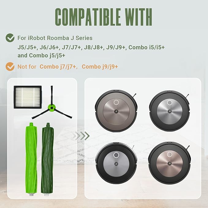Replacement Parts Accessories Kit for iRobot Roomba J5 J5+ J6 J6+ J7 J7+ J8 J8+ J9 J9+ J J Plus Series Robotic Vacuum Attachment, 1 Rubber Brush, 5 HEPA Filter, 6 Side Brush - AquaVibe