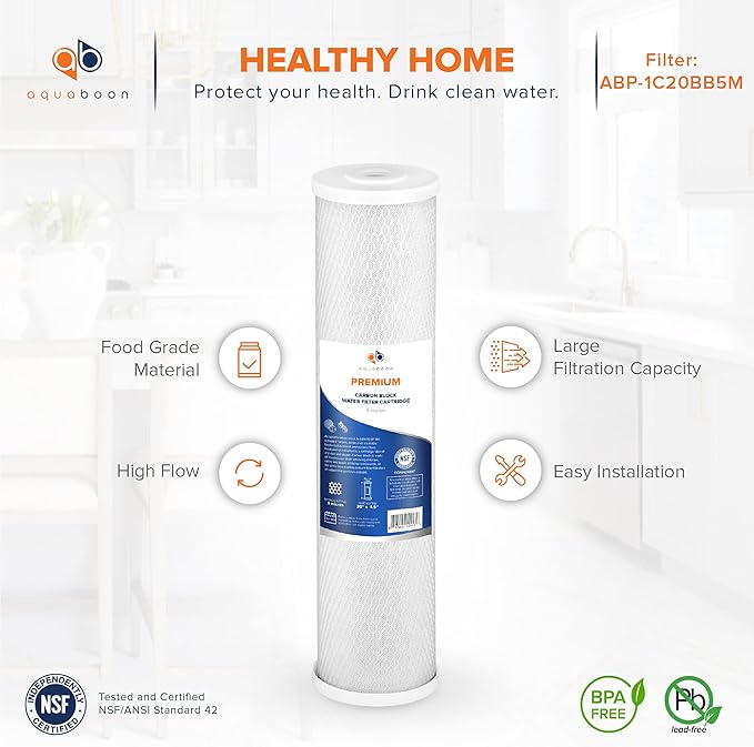 Aquaboon 5 Micron 20 x 4.5 Whole House Water Filter Replacement Cartridge Set: Sediment, Anti-Scale, Carbon for 3-Stage Water Filtration System 1 Pack