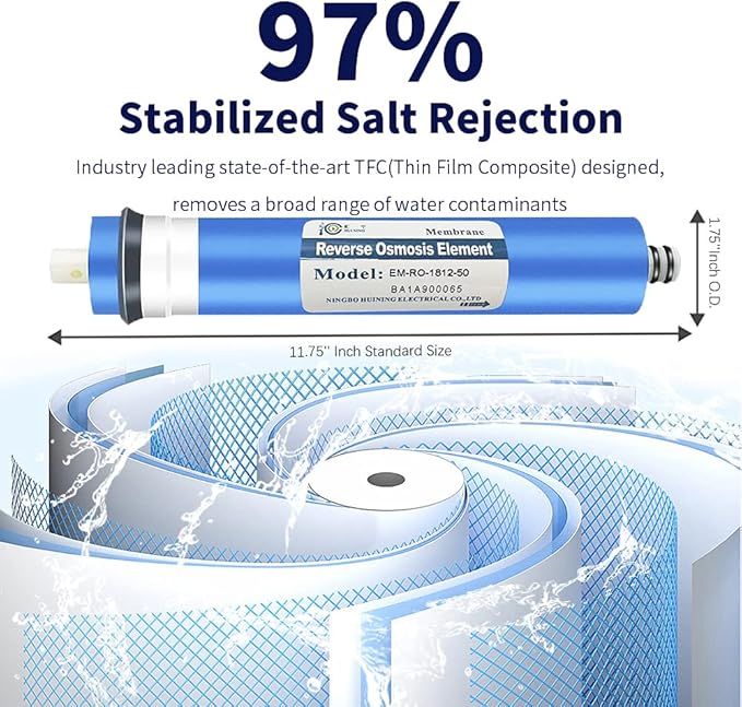 Huining Reverse Osmosis Membrane 50GPD-1812/2012 RO Membrane Housing Kit with 1/4 Quick Connector,Check valve,Water Pipe,Wrench Whole Set for Residential Household Hospital Water Filtration System