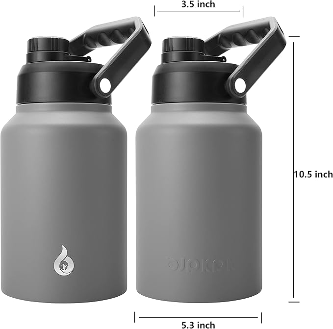 BJPKPK 64 oz Insulated Water Bottle, Dishwasher Safe Half Gallon Water Bottle with Ergonomic Handle, BPA Free Leak Proof Water Jug for Sports, Metal Jug with Anti-slip Bottom, Grey