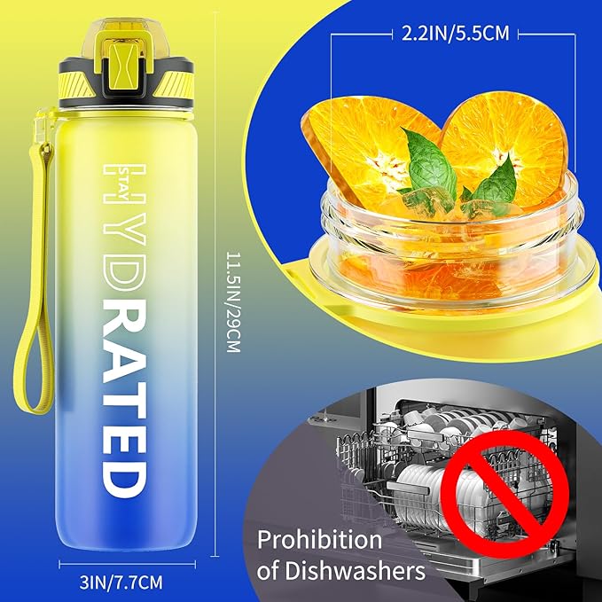 Water Bottle with Straw, 32oz Motivational Water Bottles with Time Marker to Drink, Tritan BPA Free, 1L Sports Water Bottle with Carry Strap LeakProof for Women Gym Fitness Outdoor (1 Pack)