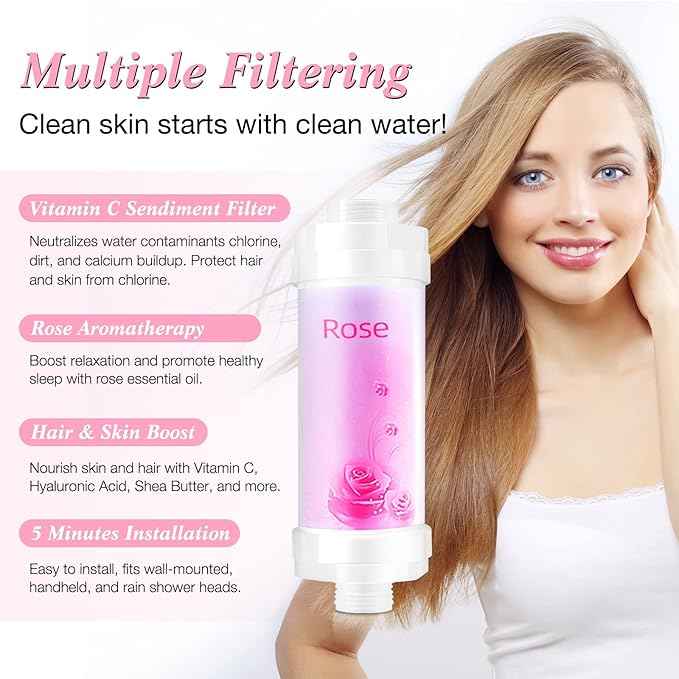 Vitamin C Shower Filter for Hard Water, Shower Head Filter to Chlorine Fluoride Sediment, Water Purifying Filtered Shower Head with Beads, Helps Dry Skin & Hair Loss, Easy Installation (Rose)