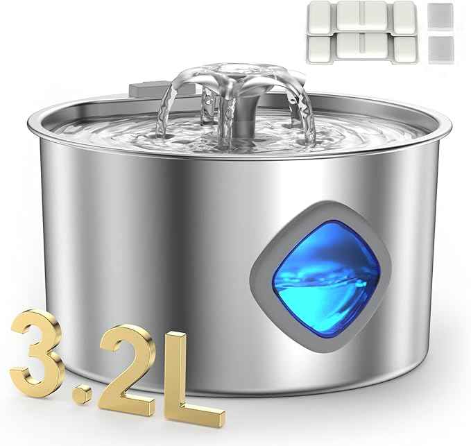 Cat Water Fountain Stainless Steel - 108oz/3.2L Pet Gift Dog Water Dispenser Automatic Silent Cats Dispenser for Drinking Indoor Metal Kitty Spout Fountains with 2 Filters and 2 Sponges