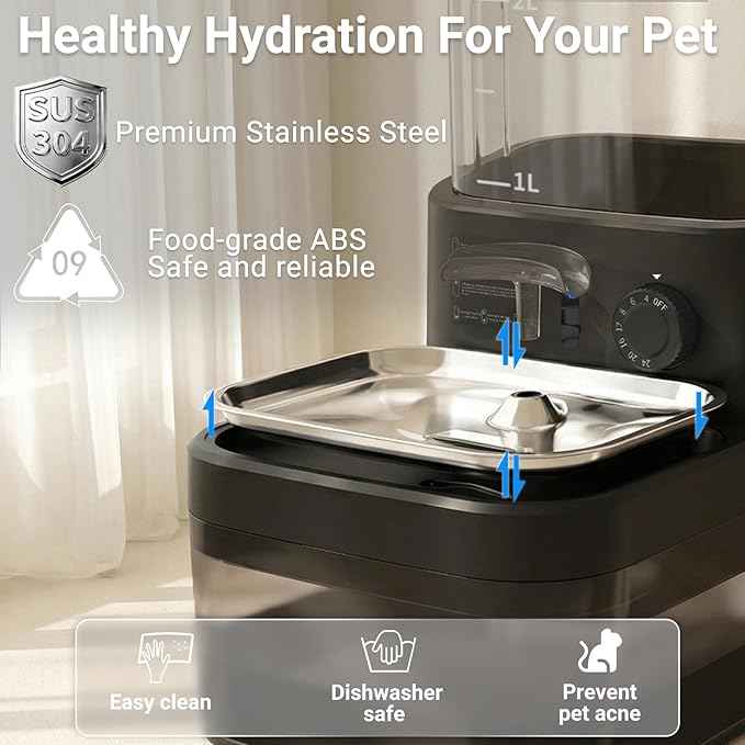Filterless Cat Water Fountain 3L, Wireless Motion Sensor Cat Water Fountain with 4000mAh Battery, Stainless Steel Cat Bowls, Water Fountain Separate Tanks, Quiet – Black