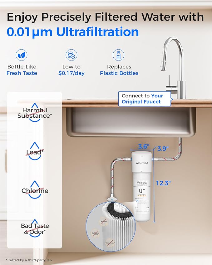Waterdrop 10UAW-UF 0.01 μm Ultra Filtration Under Sink Water Filter System and Waterdrop RF10W-UF 0.01 Micron Water Filter