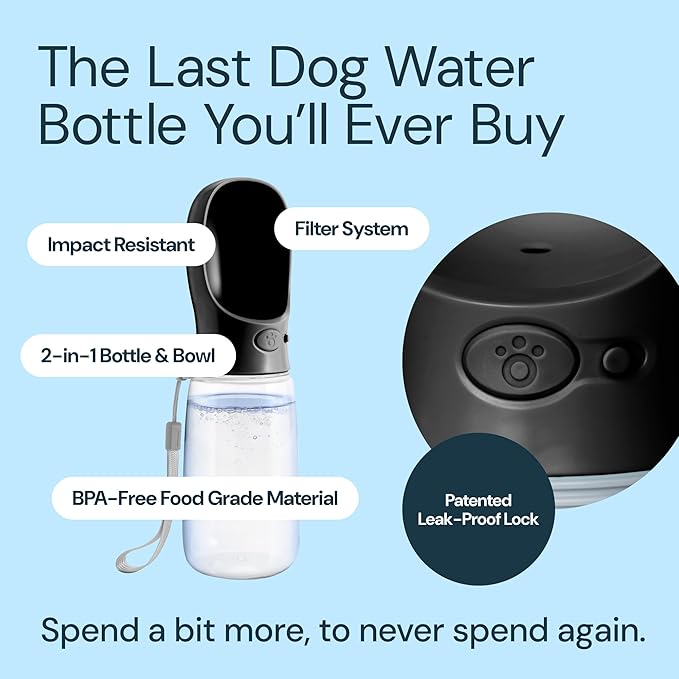 MalsiPree Dog Water Bottle - 19 Oz, Black, BPA-Free Stainless Steel - Portable & Lightweight Water Dispenser with Bowl for Dogs - Leak-Proof & No-Waste Design for Travel - AquaVibe