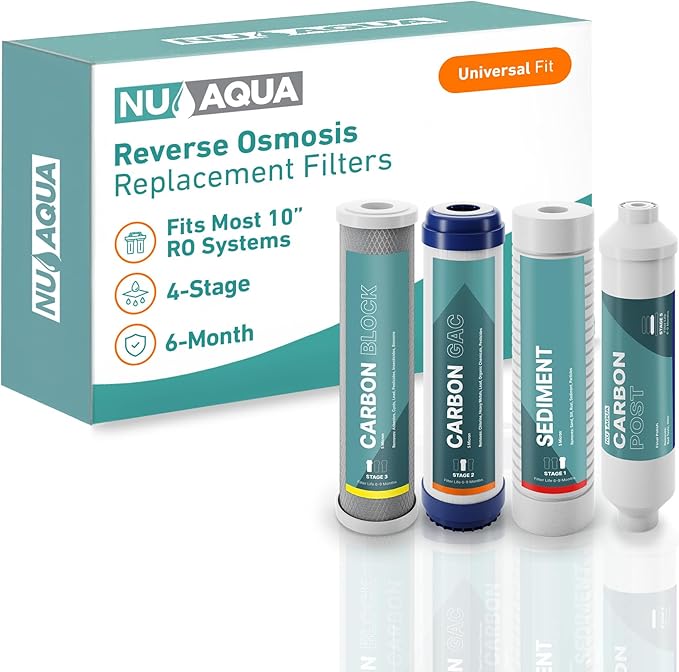 NU Aqua Reverse Osmosis Water Filter System Replacement Set - 4 Stage Under Sink Kit - Includes Sediment, Carbon Filters, Parts & Fittings - Universal Undersink RO Filtration Cartridge Pack - AquaVibe