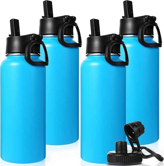 Neihepal 32 oz Insulated Water Bottles Bulk with 2 Lids (Straw & Spout Lid), Stainless Steel Double Wall Water Bottle, Keeps Cold 24H & Hot 12H (Blue,4 Pack)