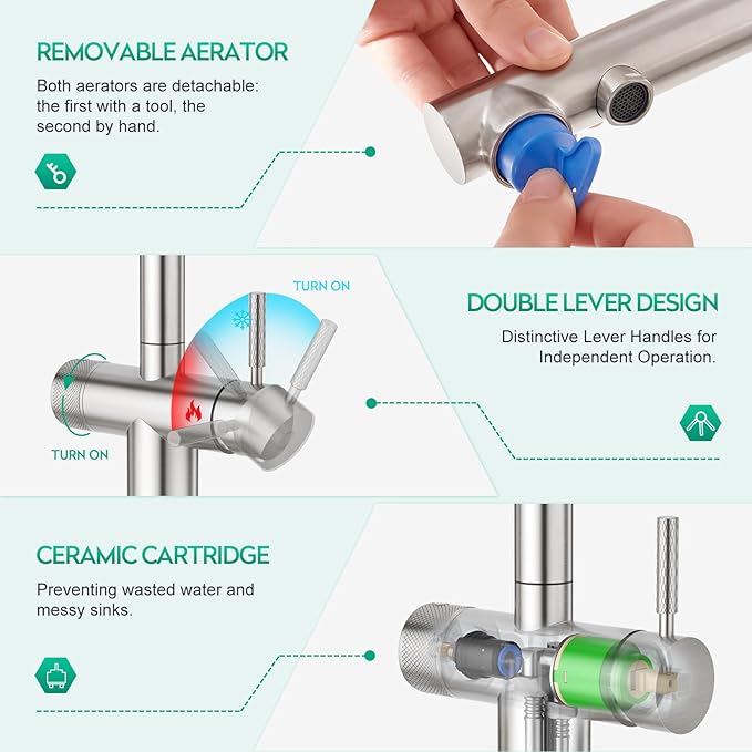CREA 3 Way Kitchen Faucet with Pull Down Sprayer & Water Filter Built-in,Drinking Water Faucet Spout for Bar Sink Purifier Water Filter,Single Hole 2 Handles Brushed Nickel Stainless Steel
