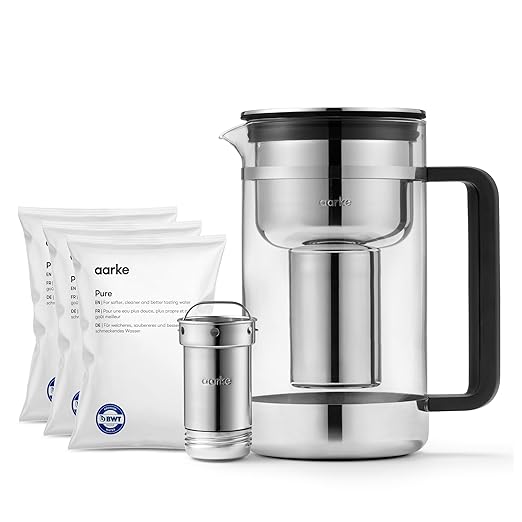 Aarke Purifier Large Glass Pitcher Bundle w/Steel Filter, BPA-Free, 4 Pure Refill Granules - Filters Heavy Metals, 2.8L Pitcher with 1.66L Filtration Capacity