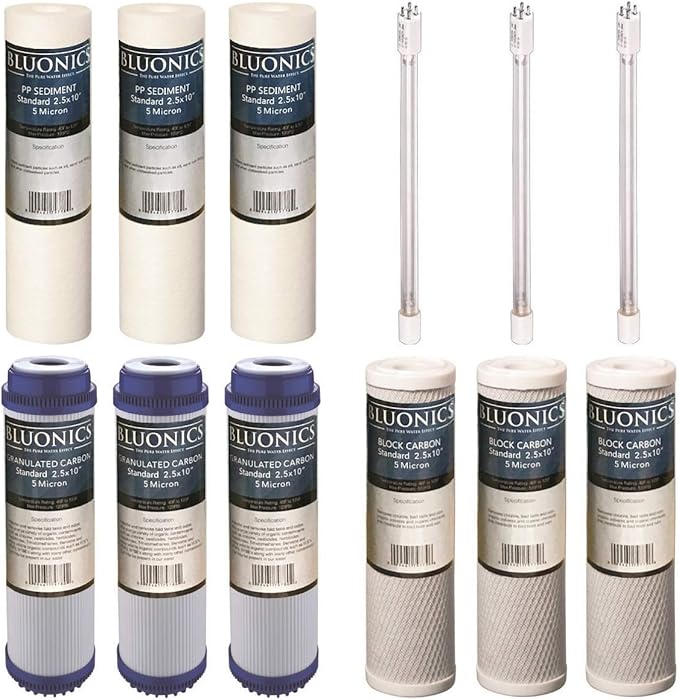 BLUONICS 12 pc Replacement Water Filter Set for Our 4 Stage UV Under Sink Filter System. Sediment Carbon Block GAC UV Bulb