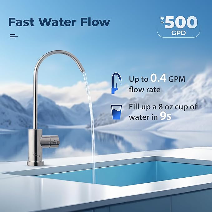 iSpring RO500-BN, NSF Certified Tankless RO Reverse Osmosis Water Filtration System, 500 GPD Fast Flow, Brushed Nickel Faucet, 2:1 Pure to Drain Ratio, White