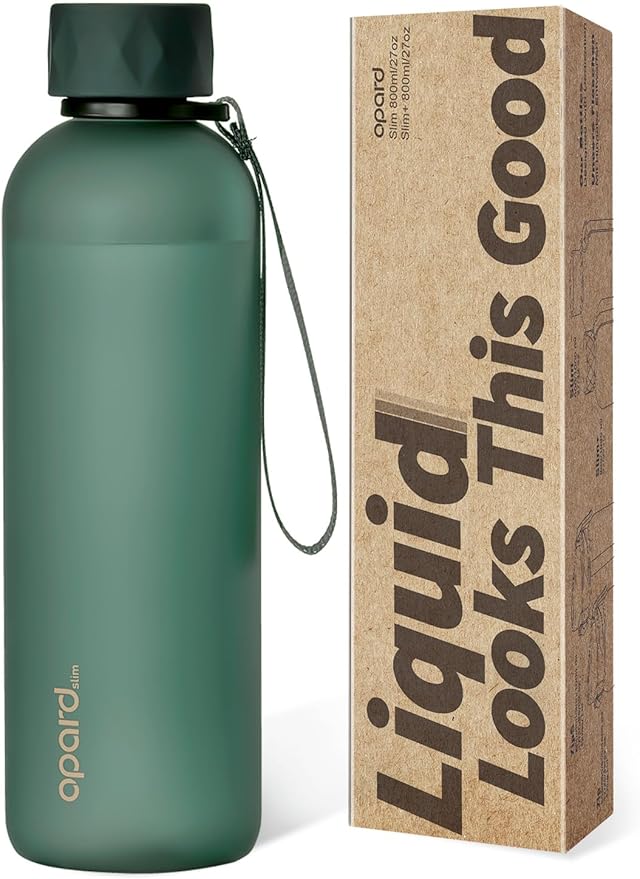 Opard Slim Pro Water Bottle 27oz, Plastic Water Bottle BPA-Free, Facetted Rubberized Grip-Texture Monocap, Leakproof Screw Top, Forest Green, Reusable for Travel School Sport Gym Hiking