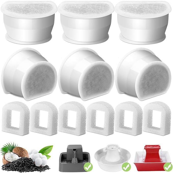 6 Pack Cat Fountain Replacement Carbon Filters, 6 Pcs Water Fountain Filters & 6 Pcs Replacement Foam for Ceramic and Stainless Steel Pet Fountains Automatic Water Bowl Filters with Pre-Filter Foam