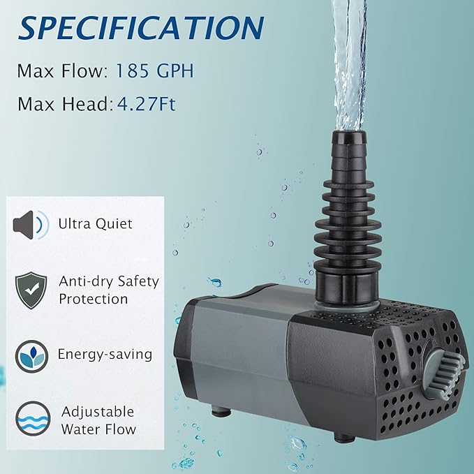 WaterRebirth HSUP700F Versatile Submersible Pump - Fountain Jets for Ponds, Fish Tanks, Water Gardens - Aquarium & Pond Pump (700L/H) - AquaVibe