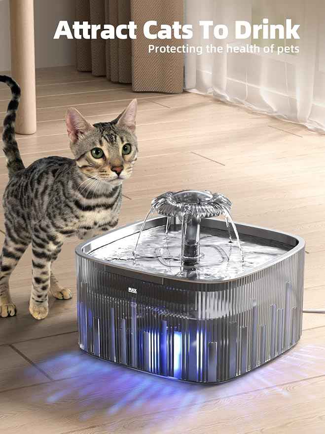 Cat Water Fountain: 75oz/2.2L Automatic Pet Water Dispenser for Cats with 304 Stainless Steel Water Tray, Musical Wave Design with LED Indicator Pet Water Fountain for Cats Inside