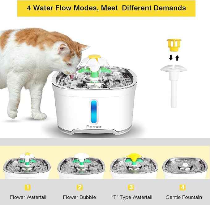 Cat Water Dispenser, Parner Stainless Steel Pet Fountain Flower 2.5L Auto Cat Fountain, Quiet Cat Drinking Fountain with 4 Filters & 1 Silicone Mat & 2 Cleaning Brushes for Cat, Dog, Bird, Other Pets
