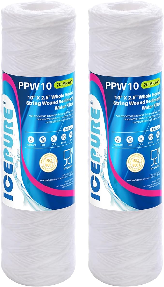 ICEPURE 20 Micron 10" x 2.5" Whole House String Wound Sediment Water Filter for Well filter Replacement for Aqua-Pure AP110, WP-5, Culligan P5, CFS110, CW-MF, WFPFC4002, Any 10 inch RO Unit, 2PACK