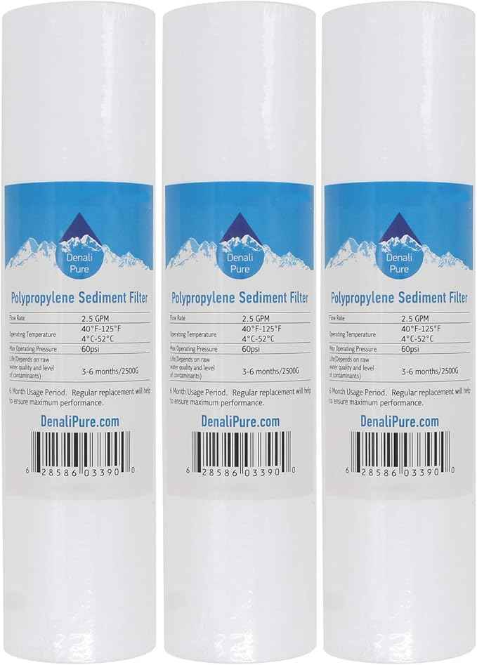 3-Pack Replacement for iSpring RCC7 Polypropylene Sediment Filter - Universal 10-inch 5-Micron Cartridge Compatible with iSpring 123Filter 5-Stage 75GPD REVERSE OSMOSIS SYSTEM - Denali Pure Brand