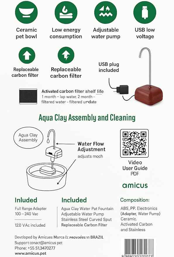 AMICUS - Aqua Clay Basic -Cat Water Fountain - Dogs&Cats&Pets&Small Animals Automatic Bowl Dispenser - Pet Drinking Waterer Bowls Indoor - Auto Kitty Watering Dish Supplies- 84.53 fl oz/ 2.5L