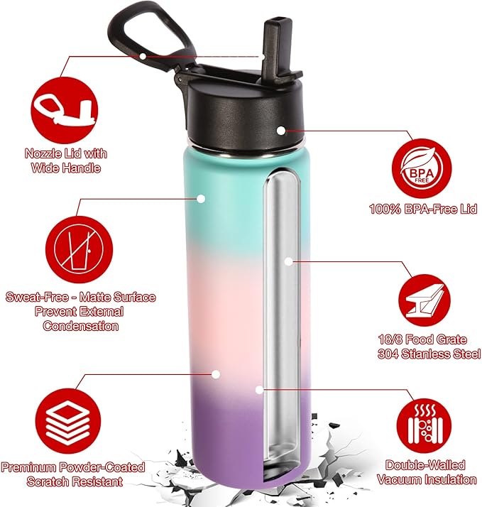 Volhoply 22 oz Insulated Water Bottles with Straw Lid, Stainless Steel Sports Bottle with Handle, Double Walled Vacuum Metal Travel Water Cups, Reusable Water Flask for School(Gradient Color,1 Set)