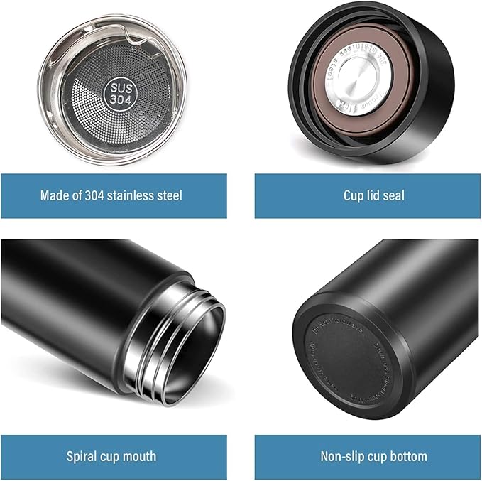 Smart Water Bottle Stainless Steel Vacuum Flask,Travel Mug with Smart LCD Touch Screen, Keep Hot Or Cold, Car Portable Travel Tea Coffee Vacuum Thermo Cup,Insulated Water Bottle (Black)