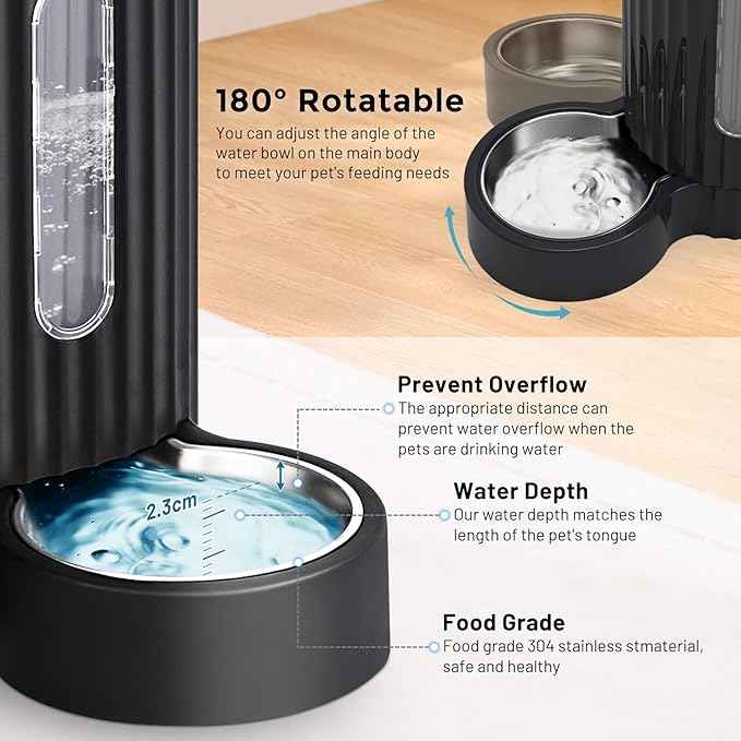 Gravity Cat Food and Water Dispenser Set with 304 Stainless Steel Bowls, 2 in 1 Automatic Cat Feeder with 180 Degree Rotatable Water Bowl, Large Capacity for Puppy Kitten Rabbits, Grey