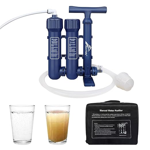Pro Emergency Water Purification System for Survival,Portable Hand Pump Camping Water Filter,Emergency Portable Filtration for Hiking, Camping,3-Stage Water Filtration System for Family